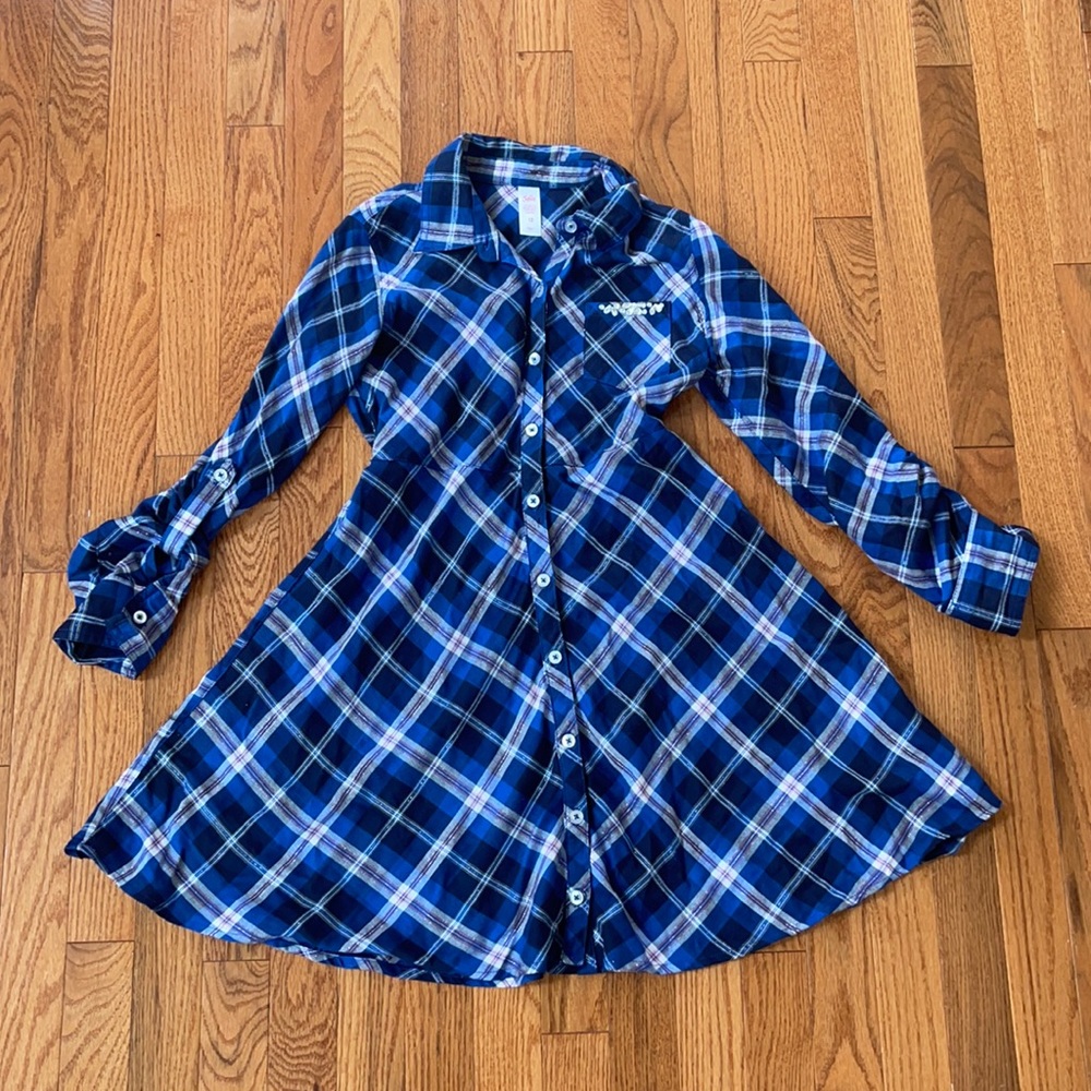 Justice blue button down flannel dress